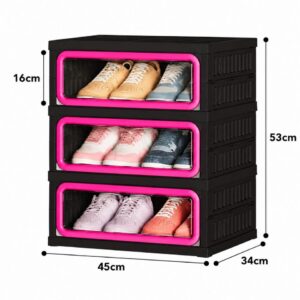กล่องรองเท้าสีดำขอบชมพู 3 ชั้น ขนาด 45×34×53 ซม. ดีไซน์โดดเด่น แข็งแรง จัดเก็บรองเท้าได้เป็นระเบียบ 🖤💕
