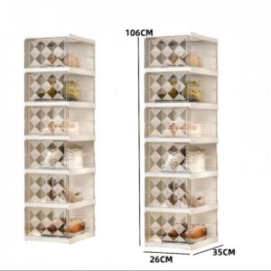 กล่องรองเท้าพับได้ 6 ชั้น สีขาว ขนาด 26×35×106 ซม. จุรองเท้าได้สูงสุด 12 คู่ ดีไซน์ประตูลายเพชร วางซ้อนได้ แข็งแรง ประกอบง่าย พร้อมใช้งาน 🤍