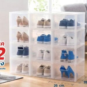 แพ็ก 12 กล่องรองเท้าแบบใส 👟✨ พับเก็บได้ ประกอบง่าย ประตูใสหยิบสะดวก วางได้ทั้งแนวตั้งและแนวนอน ขนาดต่อกล่อง 26 × 35.5 × 17.5 ซม
