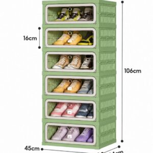 ตู้รองเท้า 6 ชั้น สีเขียว 💚👟 บานประตูใสหยิบง่าย เก็บรองเท้าได้หลายคู่ พับเก็บได้ ประกอบสะดวก ขนาด 45 × 34 × 106 ซม.